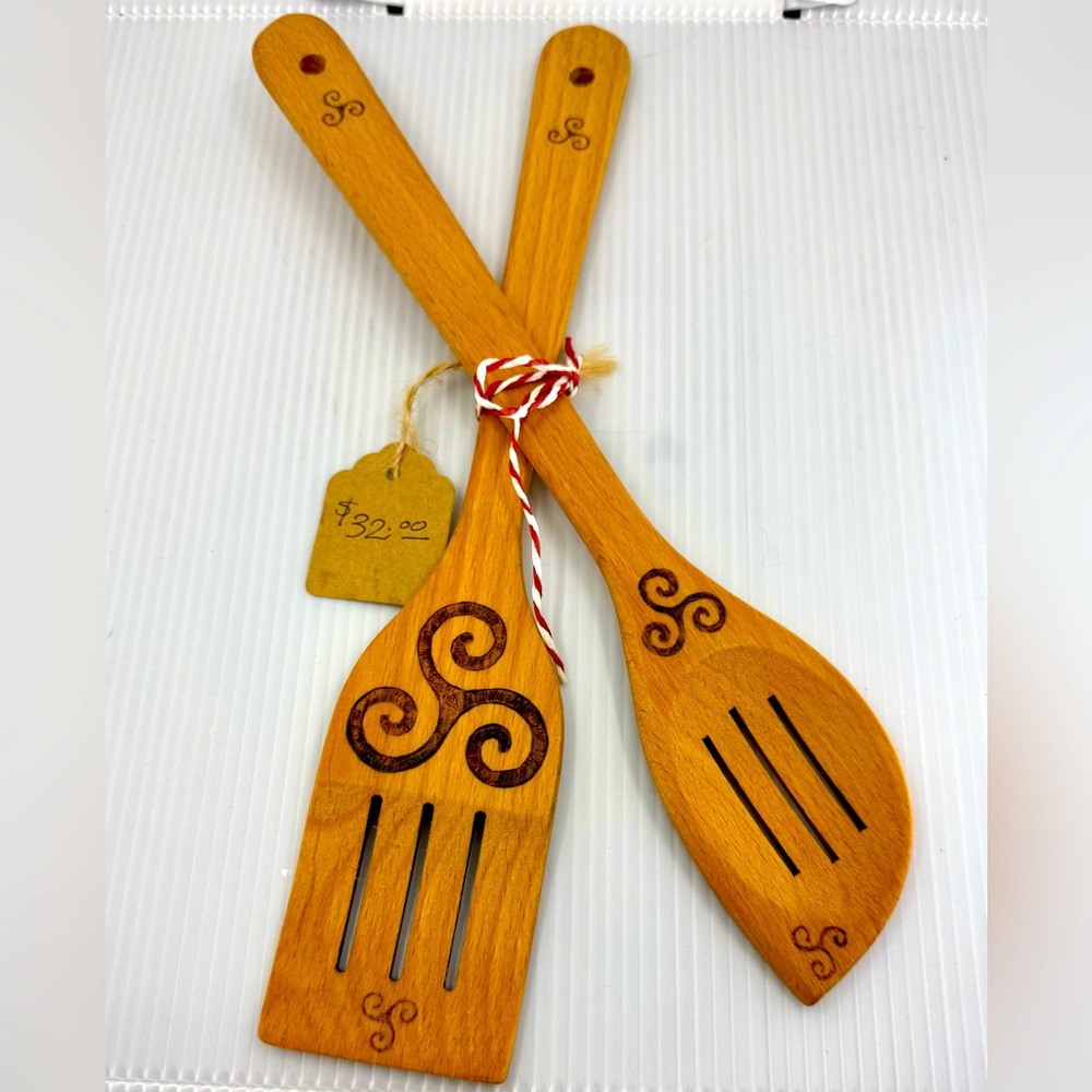 Hand Burned Wooden Salad Utensil Set with Decorative Swirls Celtic Triskle